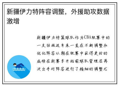 新疆伊力特阵容调整，外援助攻数据激增