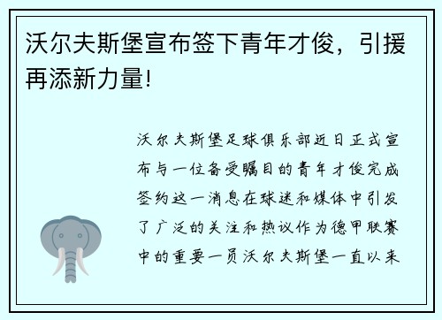 沃尔夫斯堡宣布签下青年才俊，引援再添新力量!