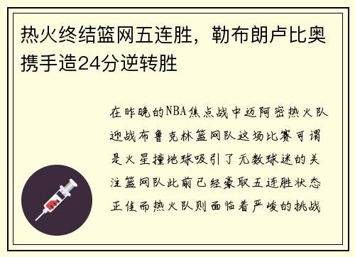 热火终结篮网五连胜，勒布朗卢比奥携手造24分逆转胜