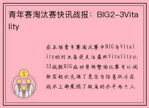青年赛淘汰赛快讯战报：BIG2-3Vitality